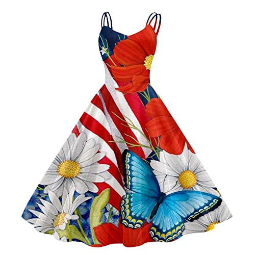 Damen Vintage Cocktailkleider Rockabilly 50er Jahre Swing Hohe Taille A-Line Elegant Partykleid Sommer Blumendruck Ballkleid Ärmellos Retro-Kleidung...