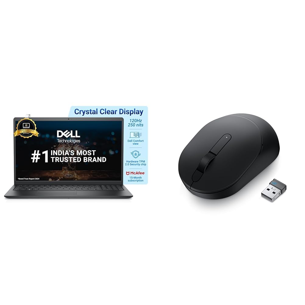 Dell [Smartchoice] Core i3-1215U, 12th Gen, 8GB RAM, 512GB SSD/FHD/Black + Dell Wireless Mouse-MS3320W, W/L-2.4GHz, BT 5.0, Optical LED, 1600 DPI, 3-Buttons-Midnight Green