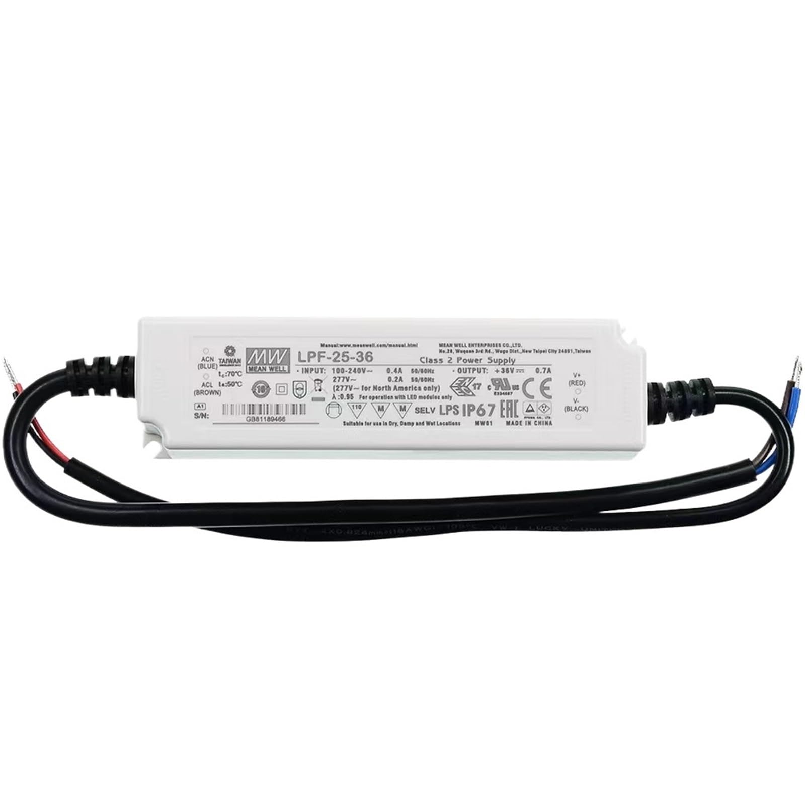 FCARUMIQP LPF-25-12 12V 2.1A 25.2W Constant Voltage+ Current LED Lighting Driver Class II PFC IP67