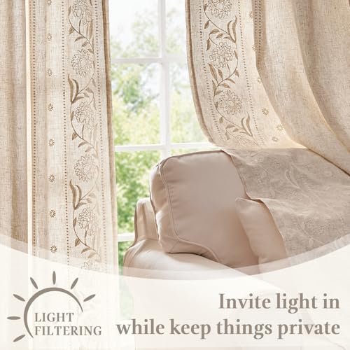 Image of jinchan Beige Floral Linen Curtains for Living Room 84 inch Back Tab 2 Panels