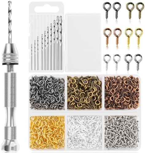 Shynek Pin Vise Hand Drill Set, Manual Hand Drill with 600PCS Small Screw Eye Hooks and 10 Different Sizes Drill Bits for Keychain, Jewelry Making and Crafts