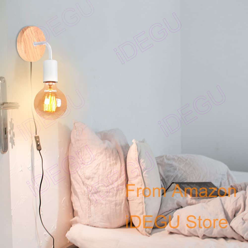 iDEGU Lot de 2 Appliques Murale Interieur Lampes Murale en Métal et Bois E27 Éclairage Mural pour Chambre, Salle de Bains (Support Bois - Blanc)