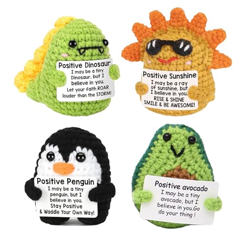 chsuyemm Mini Positive Gifts 4PCS Positive Crochet Animals Emotional Support Crochet Doll Positive Avocado Penguins Dinosaur Duck Birthday Christmas Friends Gifts Office Desk Decor