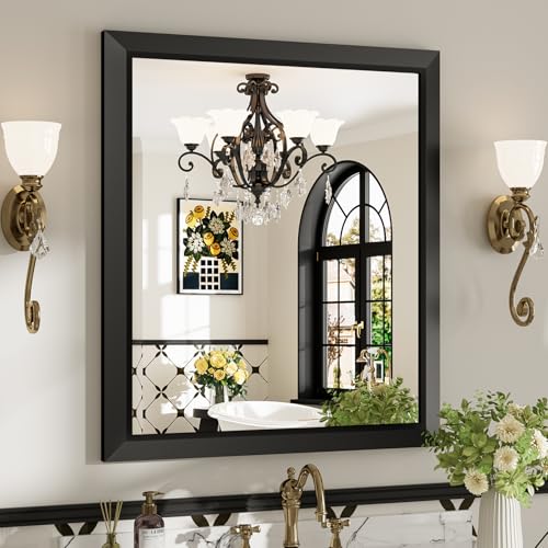 Image of 28x32 Inch Black Bathroom Mirror for Wall, Beveled Framed Rectangle Bathroom Vanity Mirrors for Over Sink, Bedroom, Living Room, Entryway, Anti-Rust, HD Tempered Glass, Horizontally /Vertically