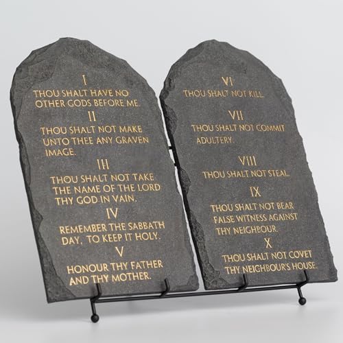 ShineOnAngel Ten Commandments Wall Decor 14 x 12 Inch Black Stone Effect Resin Tablets with Gold Engraved Text Wall Hanging or Tabletop Display with Optional Metal Stand Christian Religious Home & Church Decor (Black)