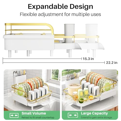 Image of SAYZH Dish Drying Rack - Expandable Dish Rack for Kitchen Counter, Rust-Resistant Dish Drainer with Utensil Holder and Raised Guardrail, Kitchen Organizer for Cup and Bottle (Gold)