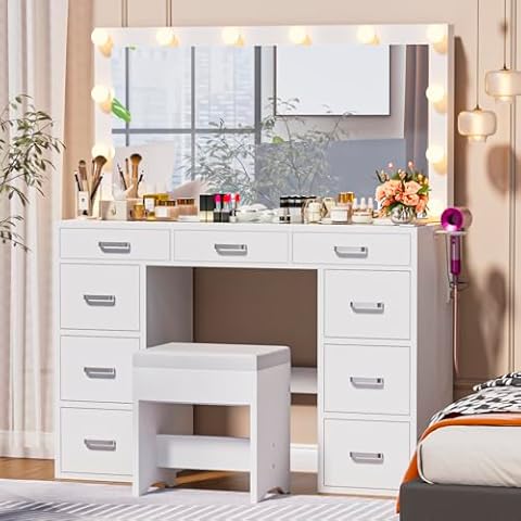 elifine Makeup Vanity Desk with Lighted Mirror, 47" W Glass Top Vanity with Charging Station, 9 Drawers and 3 LED Light Modes, White Vanity Set with Chair for Bedroom Cover