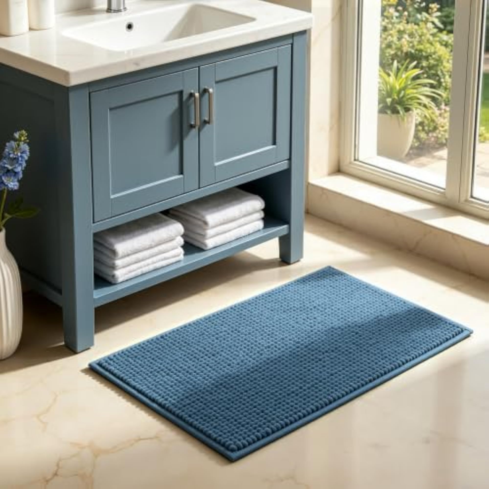 Stone Blue Chenille Soft Plush Bath Mat, Non-Slip