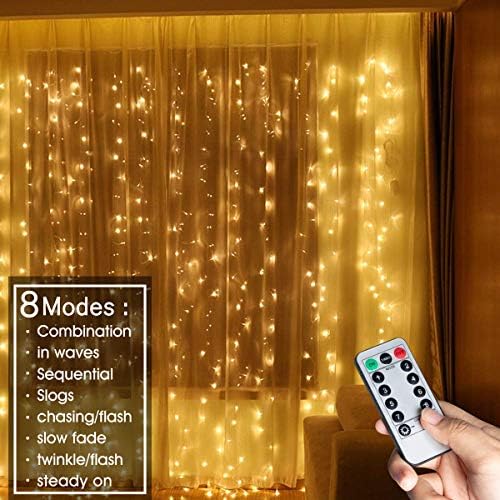 LED Curtain Lights, Window Curtain Fairy Twinkle Lights 3mx3m 300leds USB Operated 8 Modes Icicle LED String Lights with Remote & Timer for Indoor Xmas Party Home Garden Decoration(Warm White)