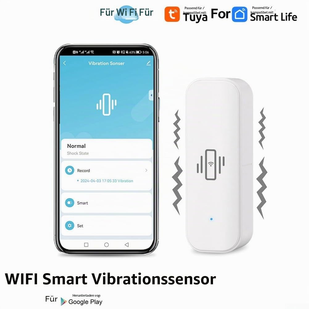 WLAN-Vibrationssensor, kabelloser Mini-Glasbruchmelder für Alarm und Smart-Home-Automatisierung, kein Hub erforderlich, kompatibel mit Tuya/für Smart Life App (6 Stück)