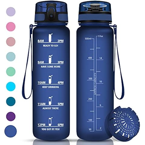 Trinkflasche Auslaufsicher, Sportflasche 1 Liter, Trinkflasche für Kohlensäurehaltige Getränke, Wasserflasche mit Zeitmarkierungen & Filter Cover