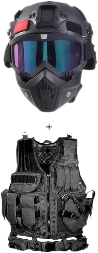 MICH Airsoft Helmet andMaskwith Detachable Anti-Fog Goggles Protective Full Face Tactical Mask,AdjustableTactical Vest Outdoor Ultra-Light Breathable Training Airsoft Vest Kit