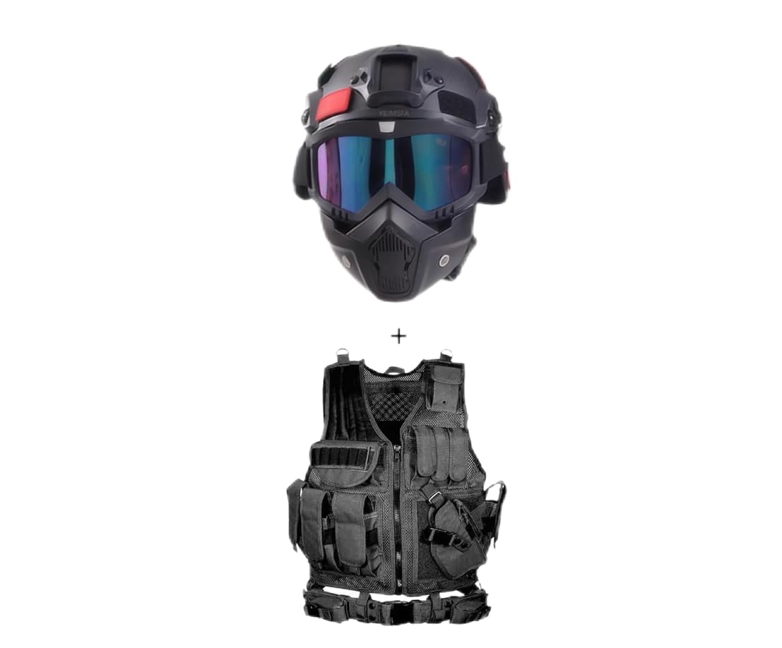 Casque Et Masque Mich Airsoft avec visière Anti - Buée Amovible Masque Tactique Complet De Protection, Gilet Tactique Réglable Outdoor Ultra Léger Et Respirant Training Airsoft Vest Kit