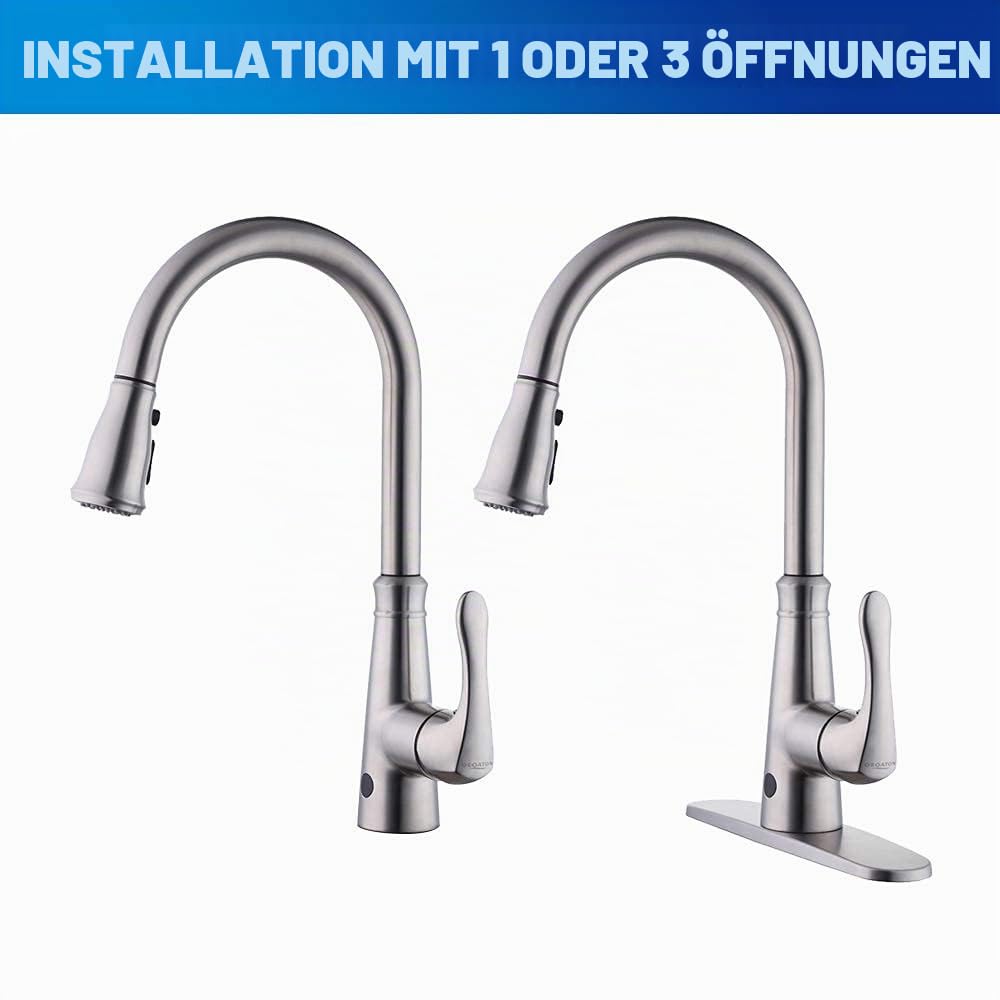 Sensor-Küchenspüle, berührungslos, automatischer Sensor, Küchenspüle, Mischbatterie mit herausziehbarem Sprühkopf, Einhebel-Schwenkauslauf, gebürstetes Nickel