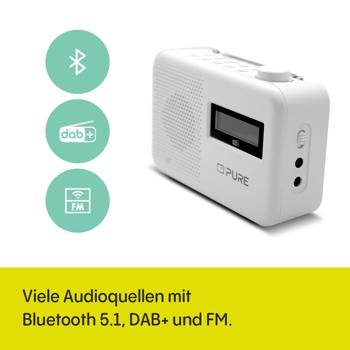 Pure Elan One2 tragbares DAB+/FM Radio mit Bluetooth 5.1 (LCD-Display, 10 Speichertasten, Batteriebetrieb mit 4xAA möglich) Cotton Weiß