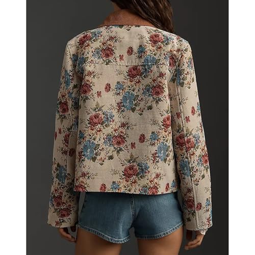 Women's Vintage Floral Corduroy Collar Jacket with Boho Chic Blouse Casual Cropped Cardigan2