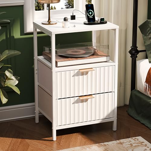 Image of VINGLI White Nightstands Set of 2 with Fabric Drawers, Fluted Nightstand with Charging Station, Night Stand Set 2 White Side Table with Charging Station for Bedroom, Dorm