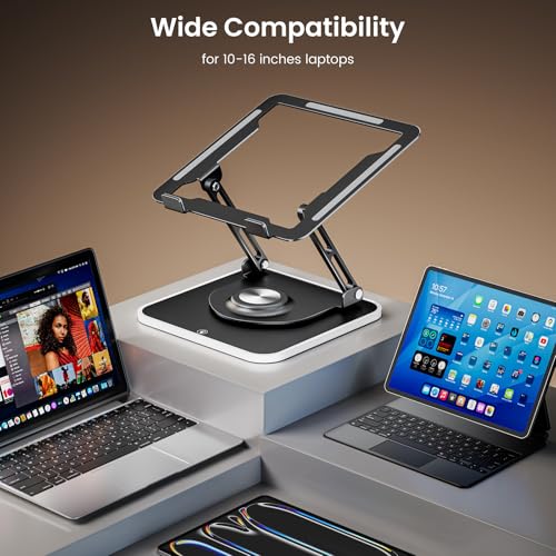 Image of JOYEKY Adjustable Laptop Stand with RGB Lighting,Aluminum Ergonomic Computer Stand with 360 Rotating Base,Foldable & Portable Laptop Riser, Suitable for All 10-16 inch Laptops (Black)