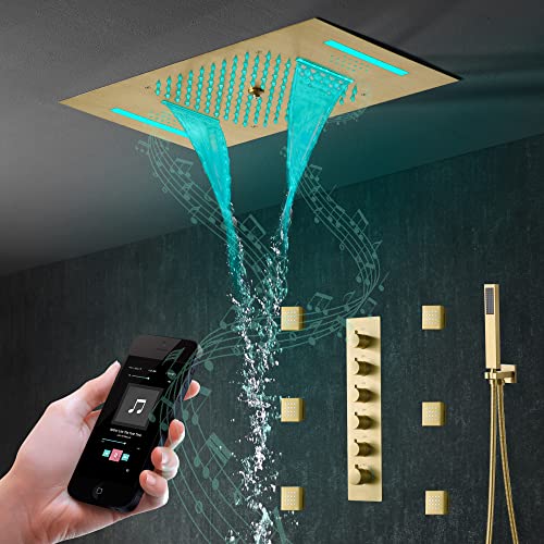 Cascada Luxury Sistema de ducha moderno LED 15”x23” con altavoces Bluetooth integrados, 5 funciones (Lluvia, Cascada, Neblina, jets corporales y ducha de mano) en acero inoxidable pulido miniatura 1