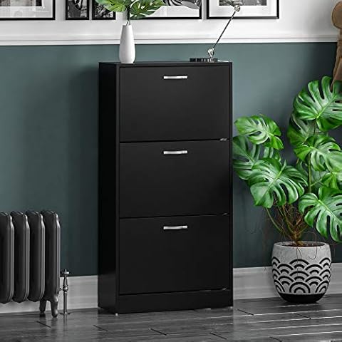 Vida Designs 3 Drawer Shoe Cabinet Cupboard Shoe Storage Organiser Pull Down Wooden Furniture Unit, Black Cover