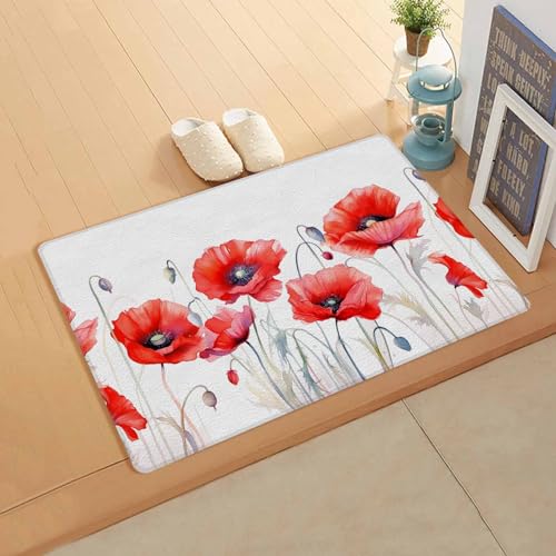 Red Flower Watercolor Antifatigue Kitchen Bath Door Mat Cushioned Runner Rug,Washable Welcome Floor Sink Mat,Waterproof & Non-Slip Kitchen Standing Doormat,Spring Botanical Plant Modern White 24