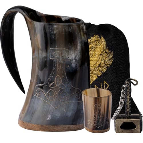 FENRIR Viking Drinking Horn Mug Set 16 oz – Gifts for Men, Dad, Husband – Unique Viking Gift – Handmade Real Ox Horn Cup with Shot Glass & Opener – For Beer, Ale, Mead (Thor Shine Finish)