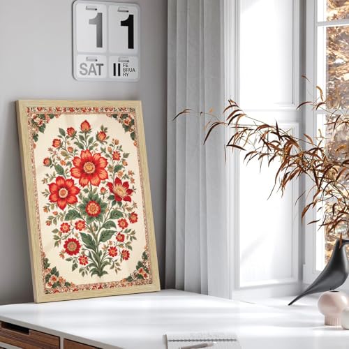 Image of ArtX Paper Floral Art Paintings with Frame for Home Decor, Madhubani Wall Painting for Living Room, Multicolor, Natural Wood Color Frames, Set of 2