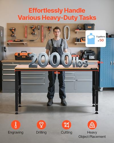 Image of VEVOR Adjustable Workbench, 2000 lbs Capacity, 61 x 20-inch Heavy Duty Work Bench with 27.1-36 Inches Height Adjustment, Garage Workbench with Power Outlets, Suitable for Office, Garage, Workshop