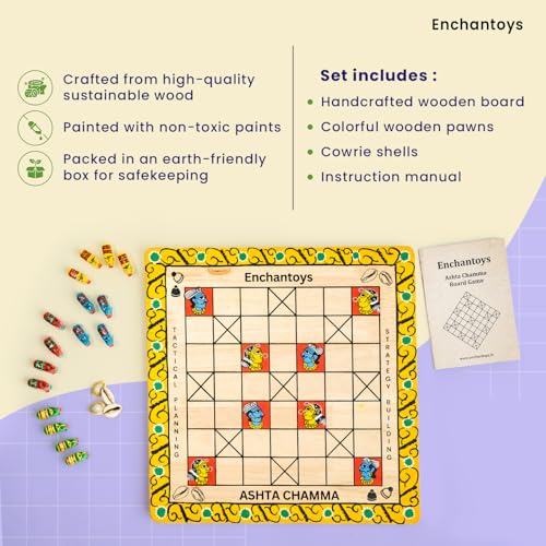 Image of Ashta Chamma Cheriyal Handpainted Wooden Peeta Board Game | Chowka Bara,Katta Mane,Taayam,Kaangi Chaala,Kaana Dua,Traditional Indian Ludo | Handcrafted Wooden Board Game for Adults & Kids