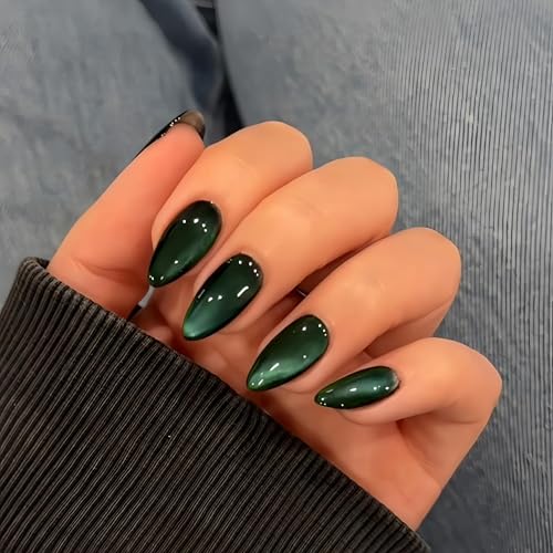 KQueenest Cat Eye Emerald Green Press on Nails Almond 30 Pcs Glitter Fake Nails Medium Sparkly Black Nails Press on Shiny Acrylic Nails Goth Bling Soft Gel Stick on Nails for Women Party Holiday