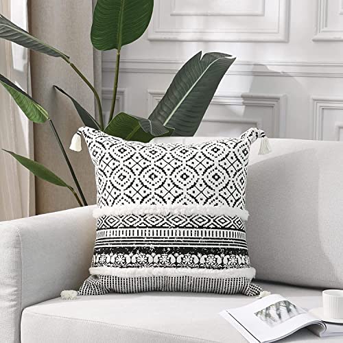 Image of Modern Homes Boho Tufted Decorative Throw Pillow Covers for Couch Sofa - Moroccan Style Cushion Covers with Tassels, Accent Decor Pillow for Bedroom Living Room (Black, 16x16 inch)