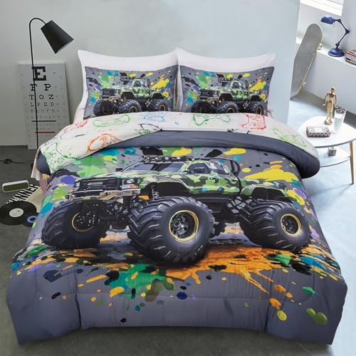 Holawakaka Boys Twin Size Off-Road Camo Racing Truck Print Bedding Comforter Set with Sheets, Cartoon Camouflage Race Trucks Bed in A Bag 5 Pieces Kids Teens Monster Car Dorm Reversible Bed Sets