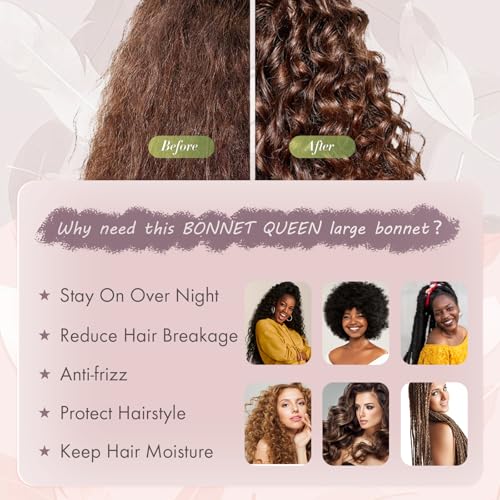 Image of BONNET QUEEN Silk Bonnet Satin Bonnet Silk Hair Wrap for Sleeping with Tie Band Night Sleep Cap for Women Curly Hair, Large, Rose Gold