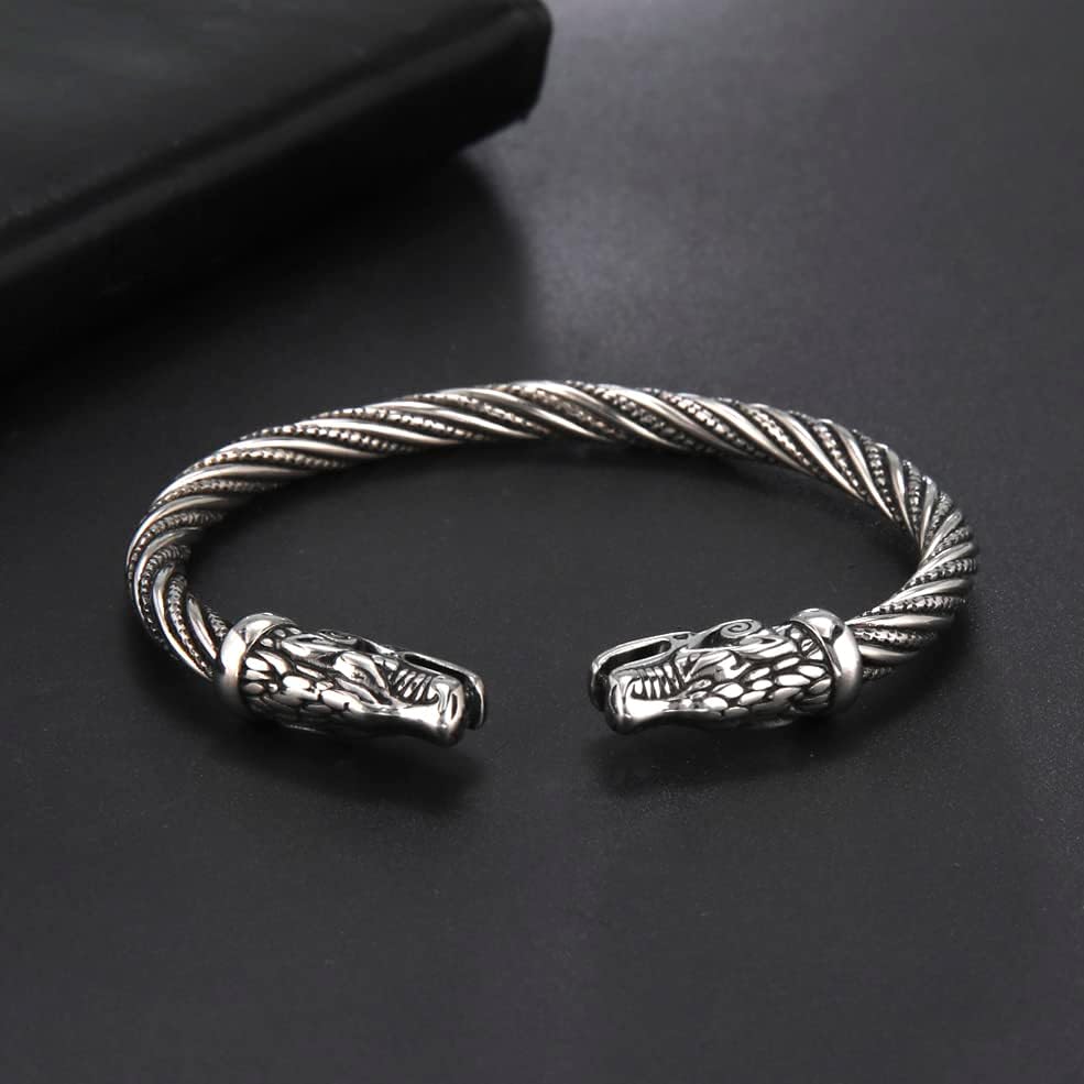 Norse Viking Bangle for Men Odin's Fenrir Wolf Head Arm Ring Stainless Steel Viking Wolf Twisted Cable Adjustable Open Bangle Cuff Bracelet for Men Jewelry - Image 5