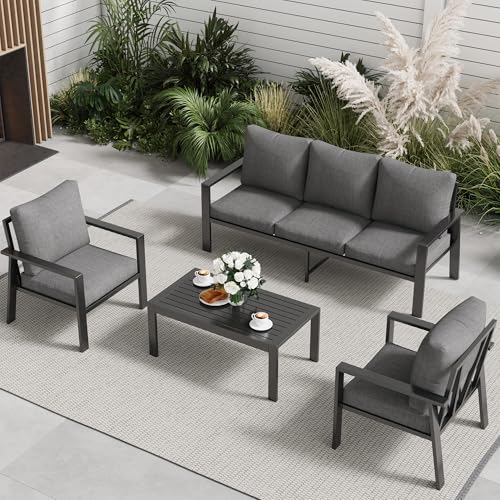 Image of Aluminum Patio Furniture Set, 5 Seats Metal Outdoor Conversation Set Modern Sectional Sofa with Upgrade Cushion and Coffee Table