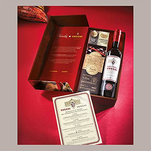 LUCGEL Srl Caja regalo de madera con botella de vermú COCCHI y chocolates surtidos en barritas (400 g) VENCHI