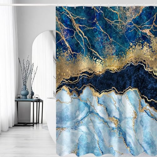Navy Blue and Gold Marble Shower Curtain Modern Luxury Abstract Art Shower Curtains for Bathroom with Hooks Polyester Waterproof Fabric Machine Washable Bath Curtain Blue Marble 72W*72L inches by GKLEASG - Used condition - Image 5