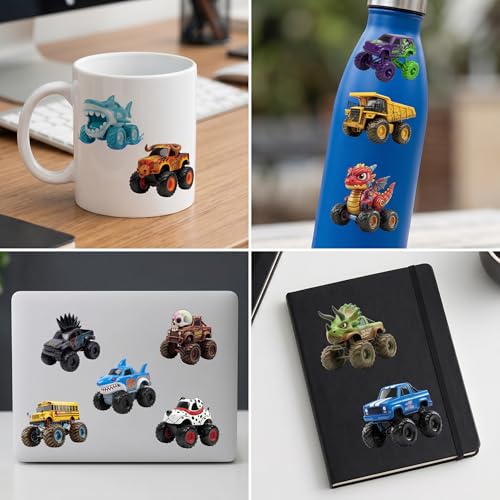 Image of Monster Truck Temporary Tattoos for Kids - 96 Pcs Pre-Cut 3D Cute | Art Style Tattoos, 8 Sheets Dinosaur & Shark Truck Stickers for Boys Birthday Party Favors, Goodie Bag Stuffers, Rewards
