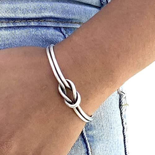 Handmade Sterling Silver Knot Cuff Bracelet, Minimalist Rustic Simple two Silver Wires Reef Knot, Friendship Love Bracelet, Adjustable Cuff, Gift for Her or Him