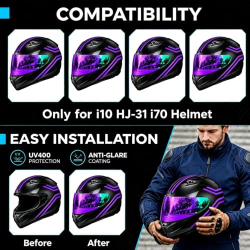 Image of PSLER Shatterproof Helmet Visor for i10 HJ-31 i70,Deep Purple | Impact-Resistant ,UV400 Protection, Motorcycle Tinted Face Shield for i10 HJ-31 i70 ,Visor Replacement
