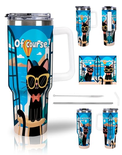 Tumbler with Handle 40 oz, Tumbler with Lid and Straw, Insulated Stainless Steel Travel Mug, No Leak Tumbler, Suit For Cupholder Friendly, Keeps Cold And Hot for 24 Hours,Cat