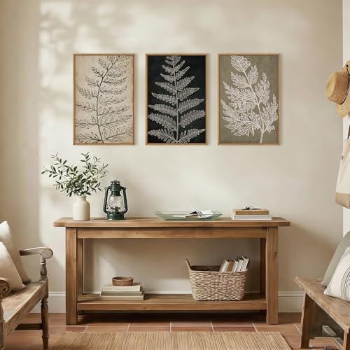 Image of KAIRNE Vintage Botanical Fern Framed Canvas Wall Art Set, Retro Fern Leaf Wall Decor, Rustic Black Tan Art Prints, Modern Minimalist Leaves Artwork for Living Room,Bedroom,Farmhouse,Office-24 x36 x3