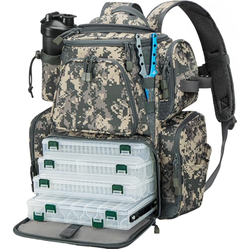 Piscifun Fishing Backpack with 2 Rod Holders & 4 Tackle Boxes, Large Tackle Storage Bag With Rain Cover for Fishing Gear, Digital Camouflage
