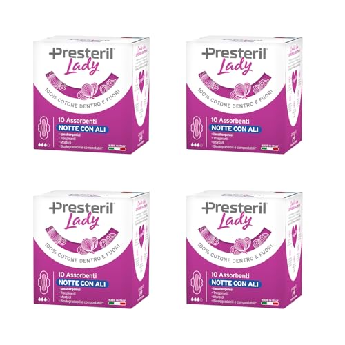 Lady Presteril, Absorbentes exteriores noche con alas de algodón 100% biodegradable, 4 paquetes de 10 unidades (total 40)