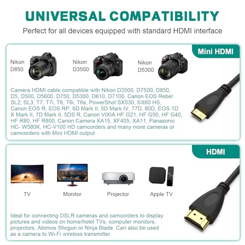 Mini HDMI to HDMI Cable Compatible with Nikon D3500 D3300 D7500 D850 D500, Canon EOS 5D Mark IV, 6D Mark II, 80D, Rebel T6/T7, High-Speed HDMI Adapter Camera to TV Monitor HDMI Cord (9.84FT)