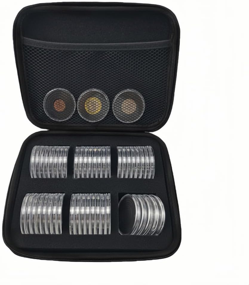 Coin Collection Holder 16/20/25/27/30/35/40/46mm Coin Case Storage Box, 48 Pieces 46mm Plastic Coin Capsules with Black Gaskets and a Organizer Bag, Coin Holder for Collectors Coin Protector