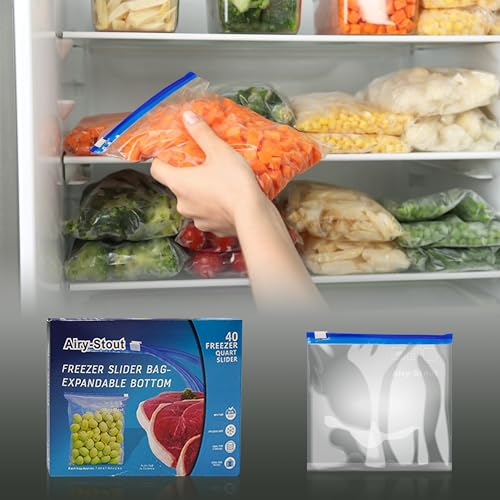 Airy-Stout Slider Freezer Bags for Food Storage 40pcs, Heavy Duty Clear Zip Lock Bags, Airtight Ziplock Bags with Expandable Bottom, Zip Seal Reusable Food Bags for Snacks Fruits Veggies Sandwiches