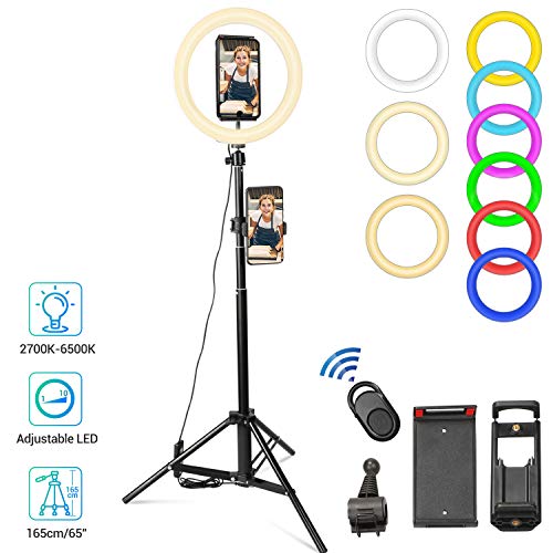 10" Selfie-Ringlicht mit Stativ, Handy-Halterung für Live Streaming Make-up, dimmbare LED-Kamera RGB Beauty Ringlicht für YouTube TikTok Fotografie kompatibel für iPhone, Android und iPad