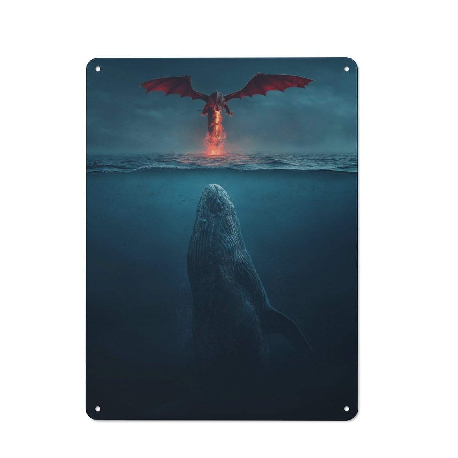 Junmoney Whale Meets Dragon In Deep Sea Fantasy Retro Metal Sign With Design 40X30cm, Distressed Look Retro Room Decor For Living Room, Hallway, Kitchen Or Cafe