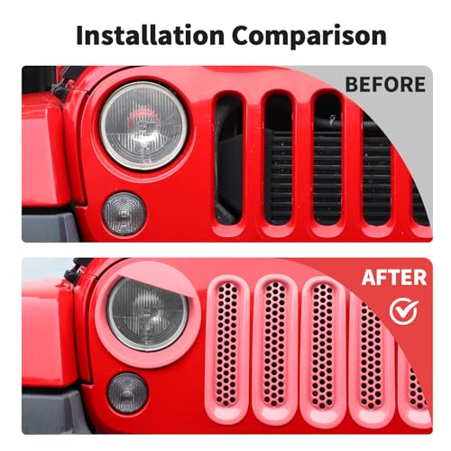 Image of JWWY Front Grille Insert Radiator Grille Grillwork Surround Assembly Inserts Headlight Headlamp Cover Trim Set Fit for 2007-2017 Jeep Wrangler JK JKU Exterior Accessories 9pcs Pink